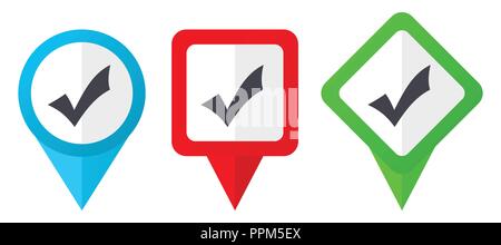 Accept red, blue and green vector pointers icons. Set of colorful location markers isolated on white background easy to edit. Stock Vector