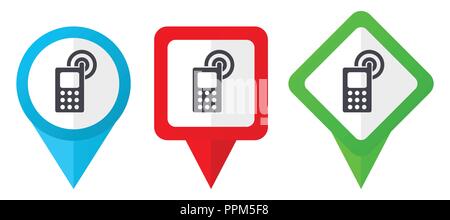 Phone red, blue and green vector pointers icons. Set of colorful location markers isolated on white background easy to edit. Stock Vector