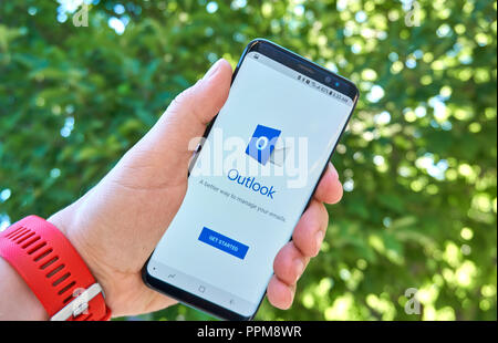MONTREAL, CANADA - August 28, 2018: Microsoft Outlook android app on Samsung s8 screen. Stock Photo