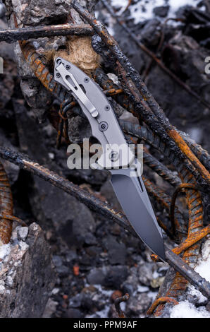 Vertical shot of the knife. Rust and burnt. Stock Photo