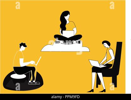 Female working on Technology and Clouds Stock Vector