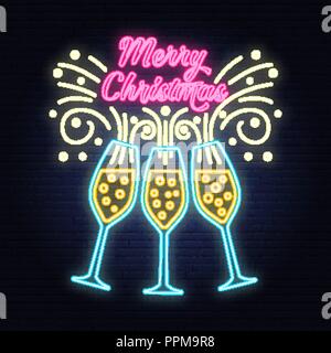 Merry Christmas banner with Champagne glasses neon sign. Vector illustration. Xmas design for congratulation cards, invitations, banners and flyers. Night bright advertisement. Stock Vector