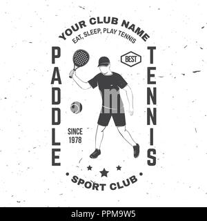 Paddle tennis club badge, emblem or sign. Vector illustration. Concept for shirt, print, stamp or tee. Vintage typography design with paddle player and paddle tennis racket silhouette. Stock Vector