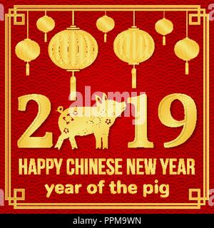 Happy Chinese New Year 2019 typography with Gold Pig and Chinese lanterns. Vector illustration. For greeting card, flyer, poster, banner or website template. Stock Vector