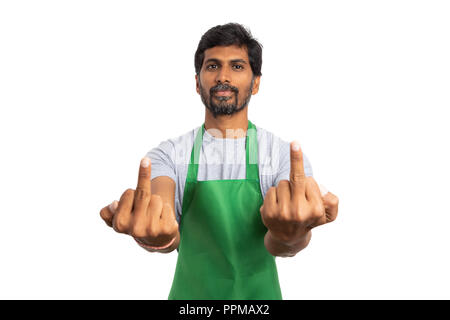 Supermarket or hypermarket male employee holding both middle fingers up as angry mad concept isolated on white Stock Photo