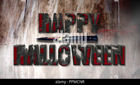 Happy Halloween Bloody Text Effect, Bloody Knife, Fog Effect And Scary Blood Background Stock Photo
