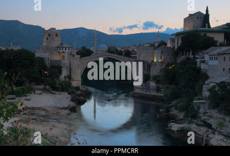 Stari most (Old bridge) in Mostar early in the morning after sunrise, Bosnia and Herzegovina Stock Photo