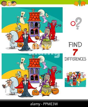 Cartoon Illustration of Finding Seven Differences Between Pictures Educational Game for Children with Spooky Halloween Characters Stock Vector