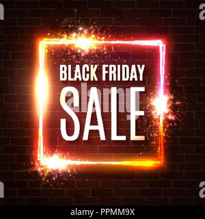 Black friday banner. Seasonal sale design template. Black friday light frame on brick wall. Glowing neon background. Discount vector illustration. Stock Vector