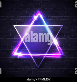 Hebrew biblical Judaism symbol. Israel star. Jewish David star design on blue brick background. Neon glowing geometric triangle shape frame. Glowing abstract backdrop. Bright vector illustration. Stock Vector