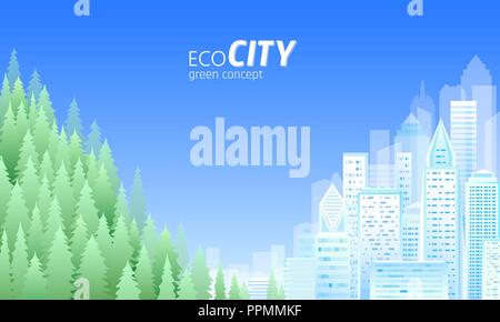 Ecology friendly city. Green energy cityscape skyline World environment Day. Save nature planet Earth. Green forest light blue urban landscape sunny sky. Eco business concept vector illustration Stock Vector