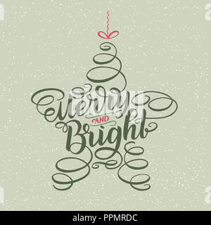 Merry and Bright New Year Lettering in form of star tree toy, Greeting Card design circle text frame isolated on white. illustration. Christmas tree toy, Sign Painting