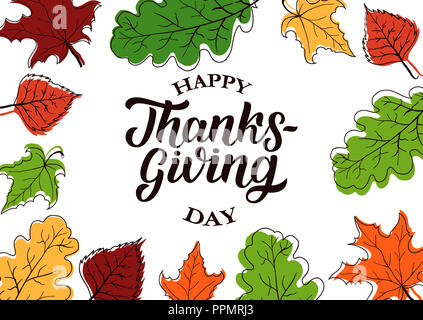 Happy thanksgiving brush hand lettering, isolated on white background. Calligraphy  illustration. Stock Photo