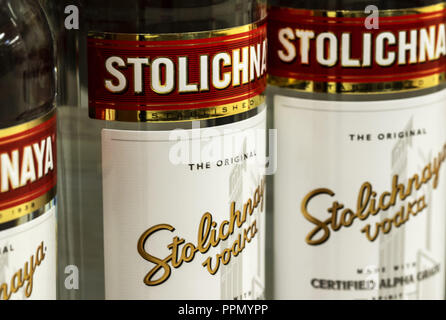 September 26, 2018 - Kiev, Ukraine - Bottles of Stolichnaya vodka, manufactured by the SPI Group seen on  the store shelf. (Credit Image: © Igor Golovniov/SOPA Images via ZUMA Wire) Stock Photo