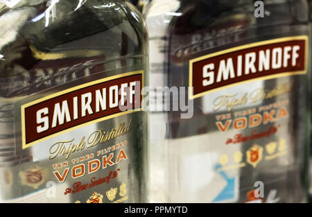 September 26, 2018 - Kiev, Ukraine - Bottles of Smirnoff vodka. Smirnoff vodka is one of the most popular vodka brands in the world. (Credit Image: © Igor Golovniov/SOPA Images via ZUMA Wire) Stock Photo