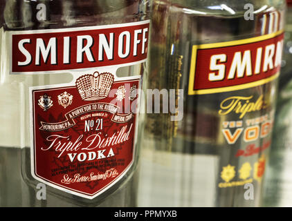 September 26, 2018 - Kiev, Ukraine - Bottles of Smirnoff vodka. Smirnoff vodka is one of the most popular vodka brands in the world. (Credit Image: © Igor Golovniov/SOPA Images via ZUMA Wire) Stock Photo