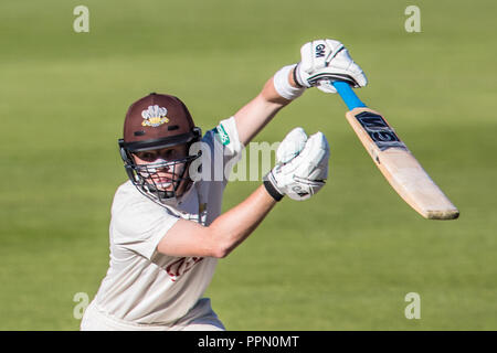 London, UK. 26 September 2018. Ollie Pope batting for Surrey against Essex on day three of the Specsavers County Championship game at the Oval. David Rowe/Alamy Live News. Stock Photo