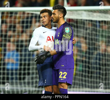 Milton Keynes, UK. 26th September, 2018. Tottenham Hotspur's Dele Alli celebrates with Tottenham Hotspur's Paulo Gazzaniga during Carabao Cup 3rd Round match between Tottenham Hotspur and Watford at Stadium MK, Milton Keynes, England on 26 Sept 2018.   FA Premier League and Football League images are subject to DataCo Licence. Editorial use ONLY. No print sales. No personal use sales. NO UNPAID USE Credit: Kieran Galvin/Alamy Live News Stock Photo