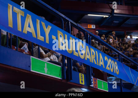 Milan (Italy), 23th September 2018: Match Russia vs Finland at FIVB Volleyball Men's World Championship 2018. Logo text Italy-Bulgaria 2018. Stock Photo