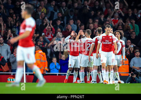 London, UK. 26th September, 2018. Carabao EFL Cup, Third round, Arsenal v Brentford ;  Alexandre Lacazette (09) of Arsenal celebrates making it 3-1 at the Emirates.  Credit:  Georgie Kerr/News Images  English Football League images are subject to DataCo Licence Credit: News Images /Alamy Live News Stock Photo