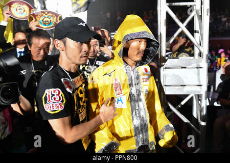 Nagoya, Aichi, Japan. 24th Sep, 2018. (R-L) Sho Kimura (JPN), Masayuki Ariyoshi Boxing : Sho Kimura of Japan enters before the WBO flyweight title bout at Takeda Teva Ocean Arena in Nagoya, Aichi, Japan . Credit: Hiroaki Yamaguchi/AFLO/Alamy Live News Stock Photo