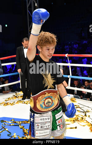 Nagoya, Aichi, Japan. 24th Sep, 2018. Kosei Tanaka (JPN) Boxing : Kosei Tanaka of Japan celebrates with his champion belt after winning the WBO flyweight title bout at Takeda Teva Ocean Arena in Nagoya, Aichi, Japan . Credit: Hiroaki Yamaguchi/AFLO/Alamy Live News Stock Photo