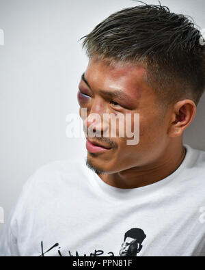 Nagoya, Aichi, Japan. 24th Sep, 2018. Sho Kimura (JPN) Boxing : Sho Kimura of Japan is interviewed by the press after losing the WBO flyweight title bout at Takeda Teva Ocean Arena in Nagoya, Aichi, Japan . Credit: Hiroaki Yamaguchi/AFLO/Alamy Live News Stock Photo