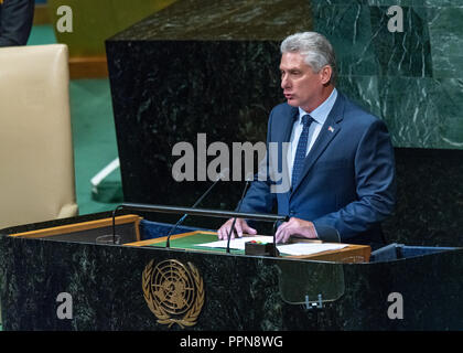 New York, USA, 26 September 2018.  Cuban President Miguel Díaz-Canel Bermúdez addresses the 73rd United Nations General Assembly in New York city.  Photo by Enrique Shore Stock Photo