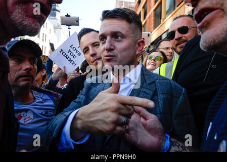 Stephen Yaxley Lennon, Tommy Robinson, appeared in the Central Criminal Court, Old Bailey, accused of contempt of court. The trial has become the focus of his supporters and anti-fascist and anti-racist groups who demonstrated outside Stock Photo