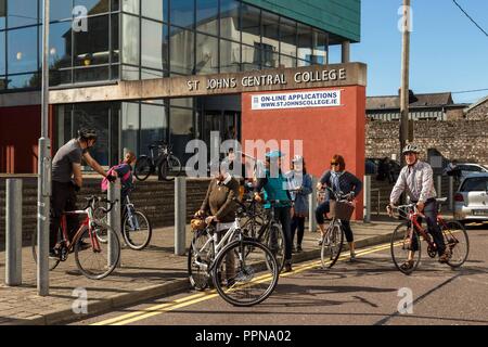 Cork, Ireland. 27th Sept, 2018.   St Johns Central College Student Staff Cycle for Campus Cycle Week, Cork City. Today at 1pm both students and staff gathered in the plaza of St Johns Central College on the annual student staff cycle. The cycle was lead by John Dean, a teacher in the college. The student staff cycle was a part of Campus Cycle Week which runs from September 24th to the 28th. Credit: Damian Coleman/Alamy Live News. Stock Photo