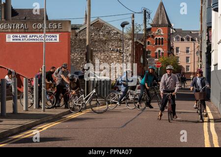 Cork, Ireland. 27th Sept, 2018.   St Johns Central College Student Staff Cycle for Campus Cycle Week, Cork City. Today at 1pm both students and staff gathered in the plaza of St Johns Central College on the annual student staff cycle. The cycle was lead by John Dean, a teacher in the college. The student staff cycle was a part of Campus Cycle Week which runs from September 24th to the 28th. Credit: Damian Coleman/Alamy Live News. Stock Photo