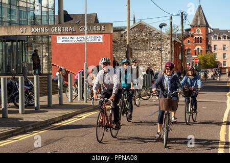 Cork, Ireland. 27th Sept, 2018.   St Johns Central College Student Staff Cycle for Campus Cycle Week, Cork City. Today at 1pm both students and staff gathered in the plaza of St Johns Central College on the annual student staff cycle. The cycle was lead by John Dean, a teacher in the college. The student staff cycle was a part of Campus Cycle Week which runs from September 24th to the 28th. Credit: Damian Coleman/Alamy Live News. Stock Photo