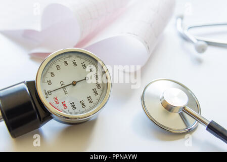 Medical concept: stethoscope, tonometer and cardiogram are on a white background Stock Photo