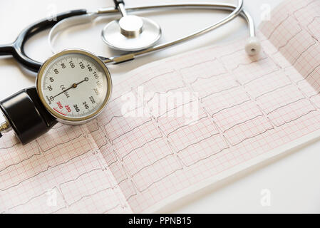 Medical concept: stethoscope, tonometer and cardiogram are on a white background Stock Photo