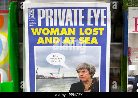 Private Eye magazine front cover 'Woman Lost And at Sea'  Prime Minister Theresa May on magazines shelf at newsagent in London England UK  August 2018 Stock Photo