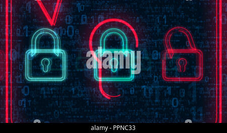 Cyber security and safety in internet. Red and green padlocks on digital background. Stock Photo