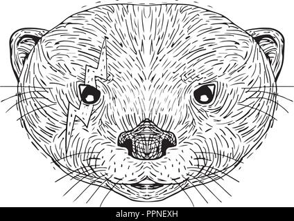 Mascot icon illustration of head of an Asian small clawed otter with lightning bolt tattooed on right eye viewed from front on isolated background in  Stock Vector