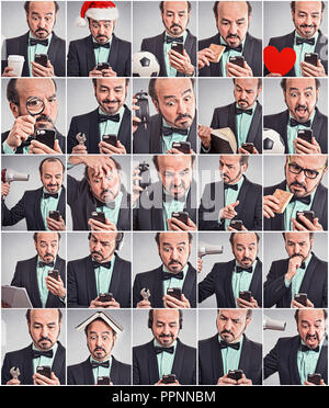 Collage of adult businessman in suit using smartphone with different emotions Stock Photo