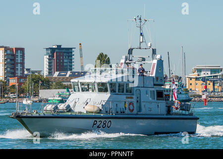 Archer Class (P2000) patrol boat of the Royal Navy leaving Portsmouth Harbour, UK for a squadron exercise in The Solent on the 26th September 2018. Stock Photo