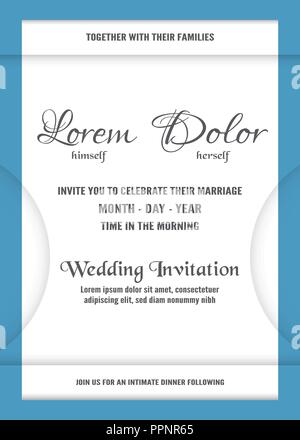 Wedding invitation is soft blue and white color. Vector illustration in flat and paper cut style. Stock Vector