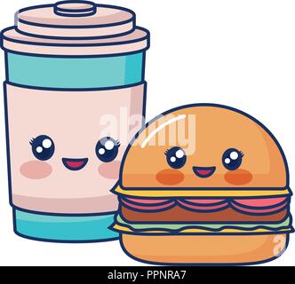 cute plastic coffee cup burguer delicious  vector illustration Stock Vector