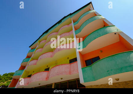 Colorful hotel in Llixhat, near Peshkopia, Peshkopi, Qark Dibra, Albania Stock Photo