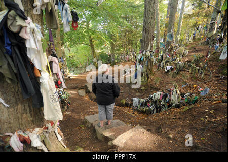 A VISITOR LOOKS AT THE CLOOTIE WELL ON THE A832  AT MUNLOCHY ON THE BLACK ISLE HIGHLANDS OF SCOTLAND UK Stock Photo