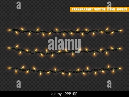 Christmas lights isolated realistic design. Lights garlands color yellow. Glowing Xmas decorations. Stock Vector