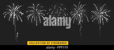 Set festive fireworks isolated on transparent background. Stock Vector
