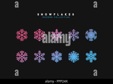 Set vector snowflakes. Collection of snowflake winter decoration. Isolated on black background Stock Vector