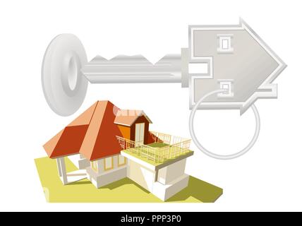 new house concept. key with lock and house on grass Stock Vector