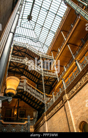 The wrought iron work and Chicago School architecture of the Bradbury Building in downtown Los Angeles, California