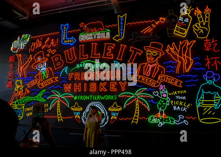Bulleit Frontier Whiskey neon sign in the Grand Central Market in downtown Los Angeles, California Stock Photo