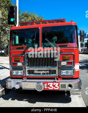 A Los Angeles Fire Department engine in downtown Los Angeles, California Stock Photo